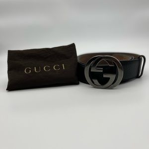 AUTHENTIC~Gucci interlocking G belt. Black leather with silver gunmetal buckle.